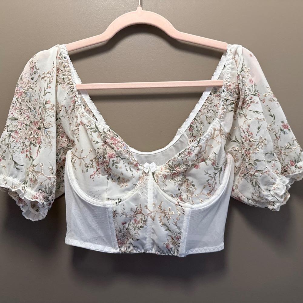 Floral Embroidered Corset Bustier Crop Top Puff Sleeve Milkmaid Cottagecore